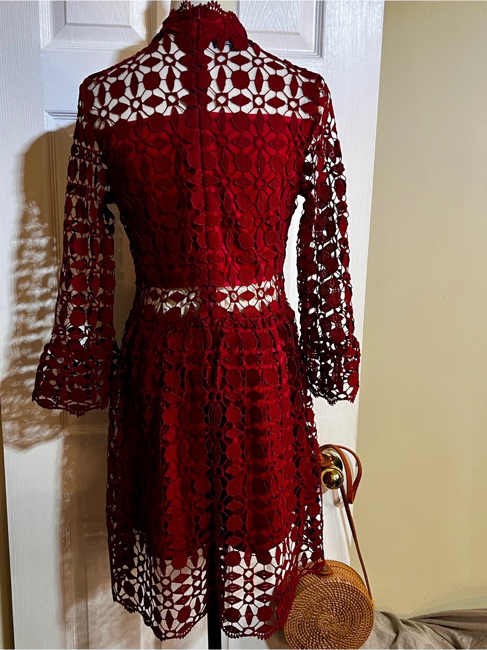 Eilly Bazar Wms Wine Lace Embroidery Cutout Inset Sheer Fit&Flare Mini Dress M - Picture 8 of 15